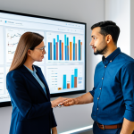 A diverse team of professional individuals, fully clothed in modest business attire, are gathered around a large interactive screen in a modern, brightly lit office. The screen displays complex data visualizations, charts, and AI-powered analytics related to social impact metrics. They are actively collaborating, pointing at the data, and engaged in a focused discussion. The scene emphasizes transparent impact reporting and the integration of technology. Perfect anatomy, correct proportions, well-formed hands, natural pose, professional photography, high quality, safe for work, appropriate content, professional, modest.