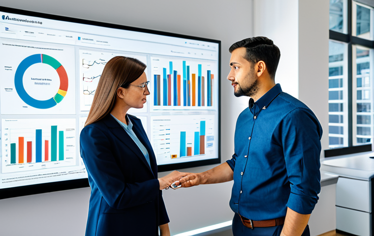 A diverse team of professional individuals, fully clothed in modest business attire, are gathered around a large interactive screen in a modern, brightly lit office. The screen displays complex data visualizations, charts, and AI-powered analytics related to social impact metrics. They are actively collaborating, pointing at the data, and engaged in a focused discussion. The scene emphasizes transparent impact reporting and the integration of technology. Perfect anatomy, correct proportions, well-formed hands, natural pose, professional photography, high quality, safe for work, appropriate content, professional, modest.